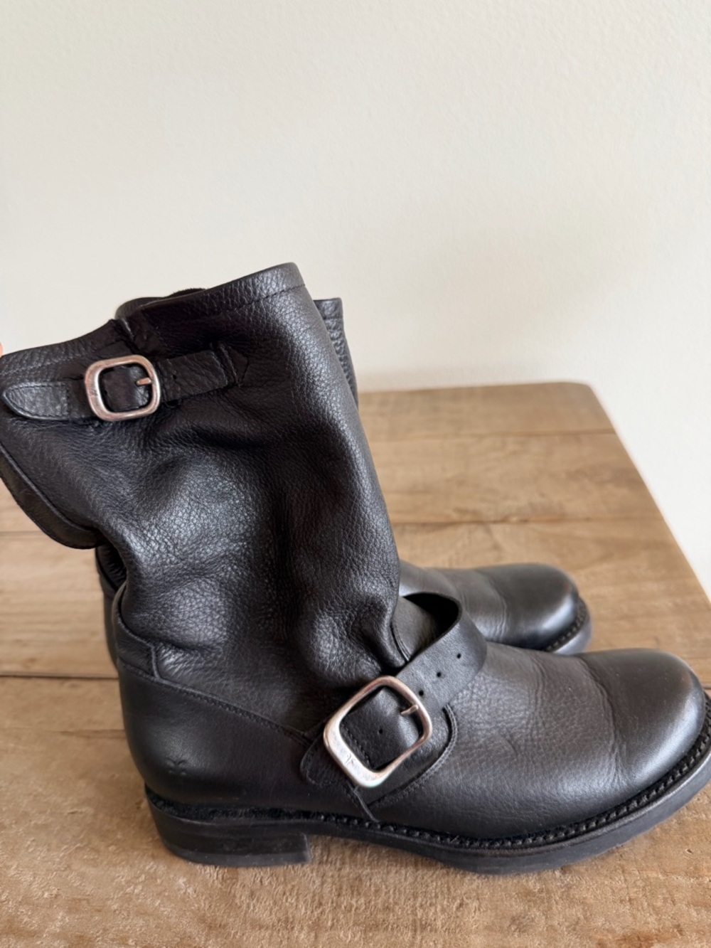 Frye Veronica Black Leather Mid-Calf Biker Boots with Buckle Detail - Picture 3 of 4